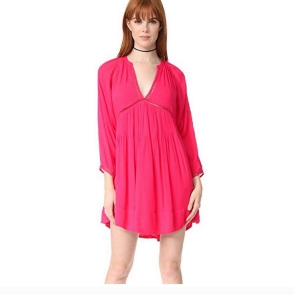 FREE PEOPLE Go Lightly Deep V-Neck Mini Swing Dress Pink Size medium